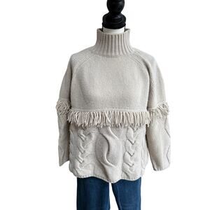 Max Mara 100% Virgin Wool Fringe Cable Knit Sweater Cream Beige S NWT $450